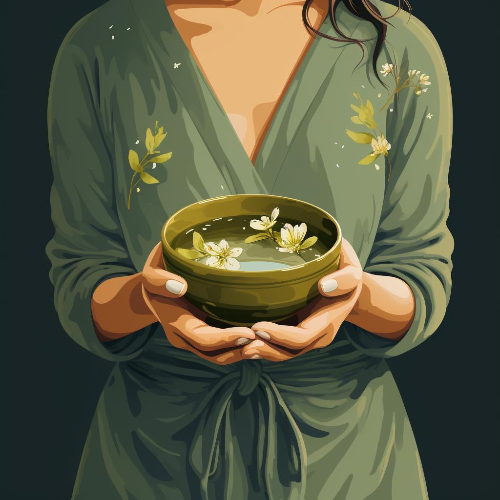 Hand holding a tea bowl with frothy matcha tea