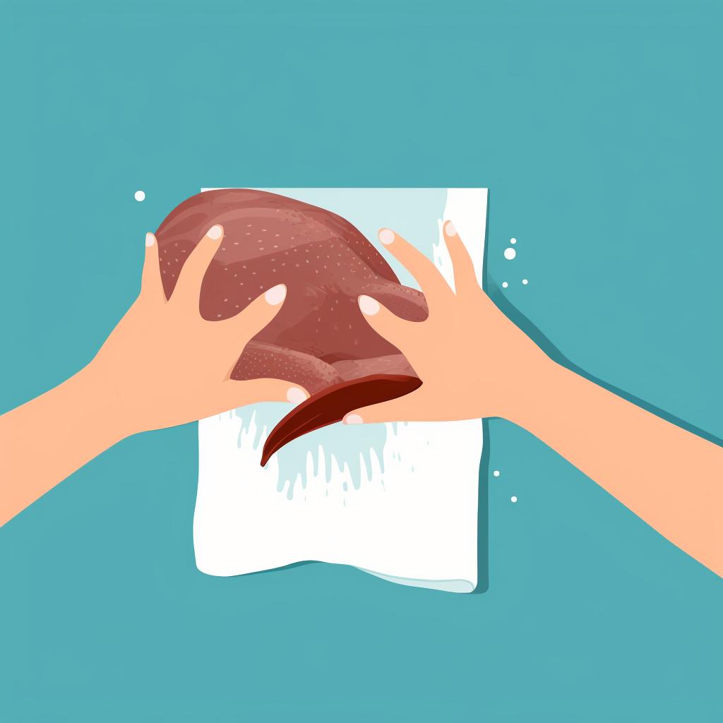 Hands patting an ostrich steak dry with a paper towel