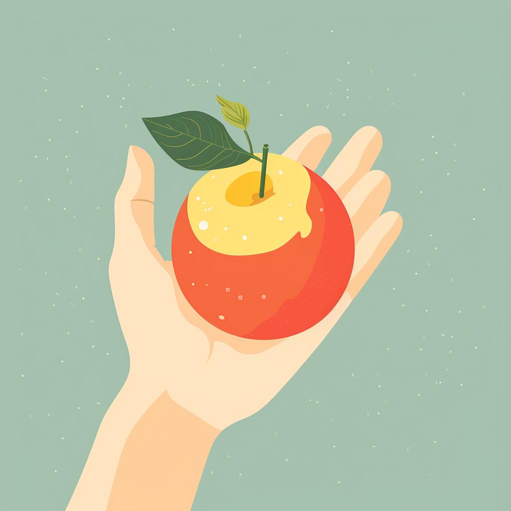 A hand holding a fruit with visible blemishes