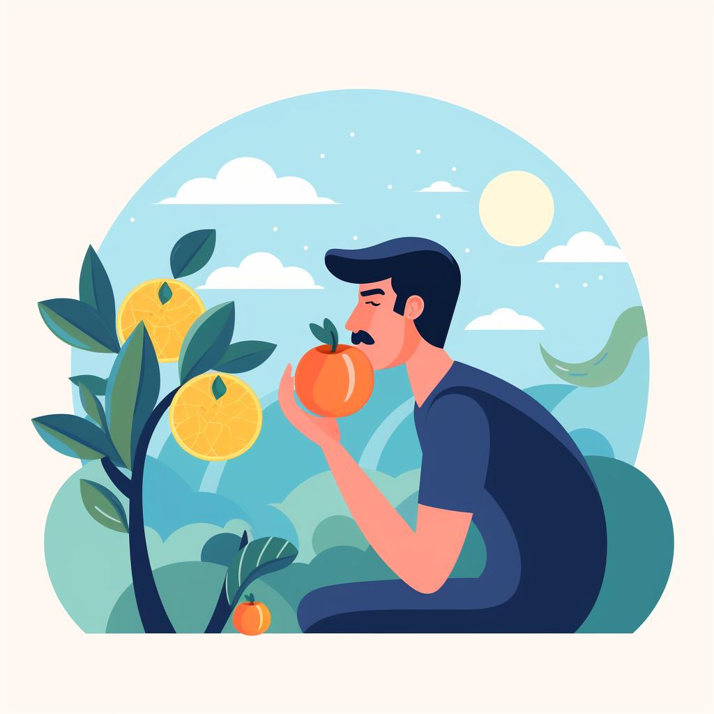 A person smelling a ripe fruit