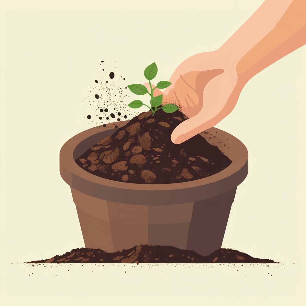 A pair of hands mixing compost into a pot of soil.