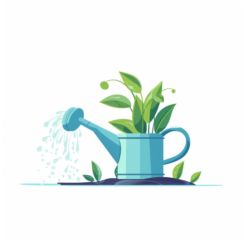 A watering can sprinkling water onto a young plant.