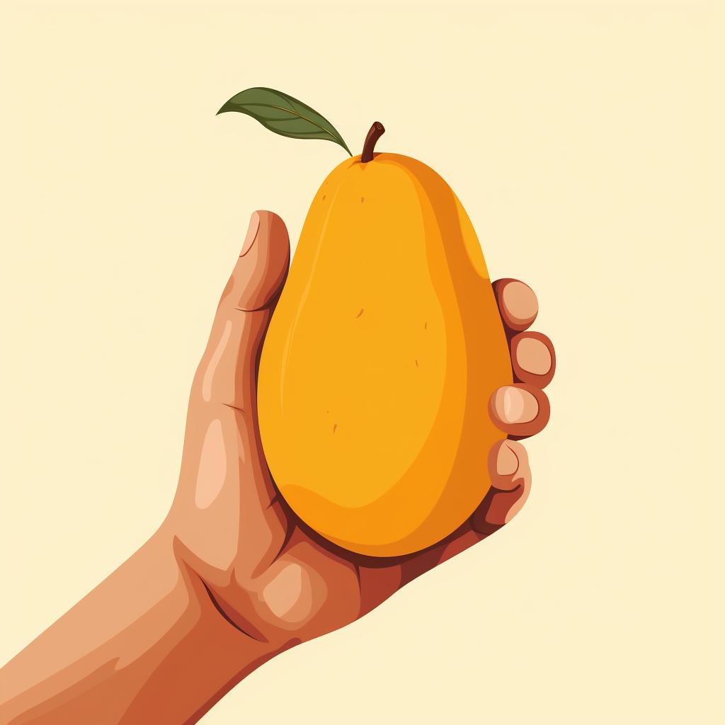 A hand holding a ripe mango with a deep yellow color