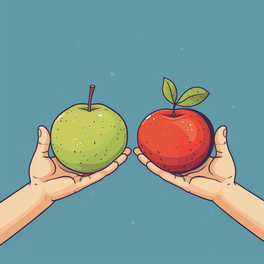 Two hands comparing the weight of two fruits of the same size